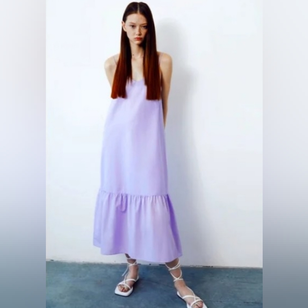 Zara Lavender cotton midi dress with ruffle hem - Size L